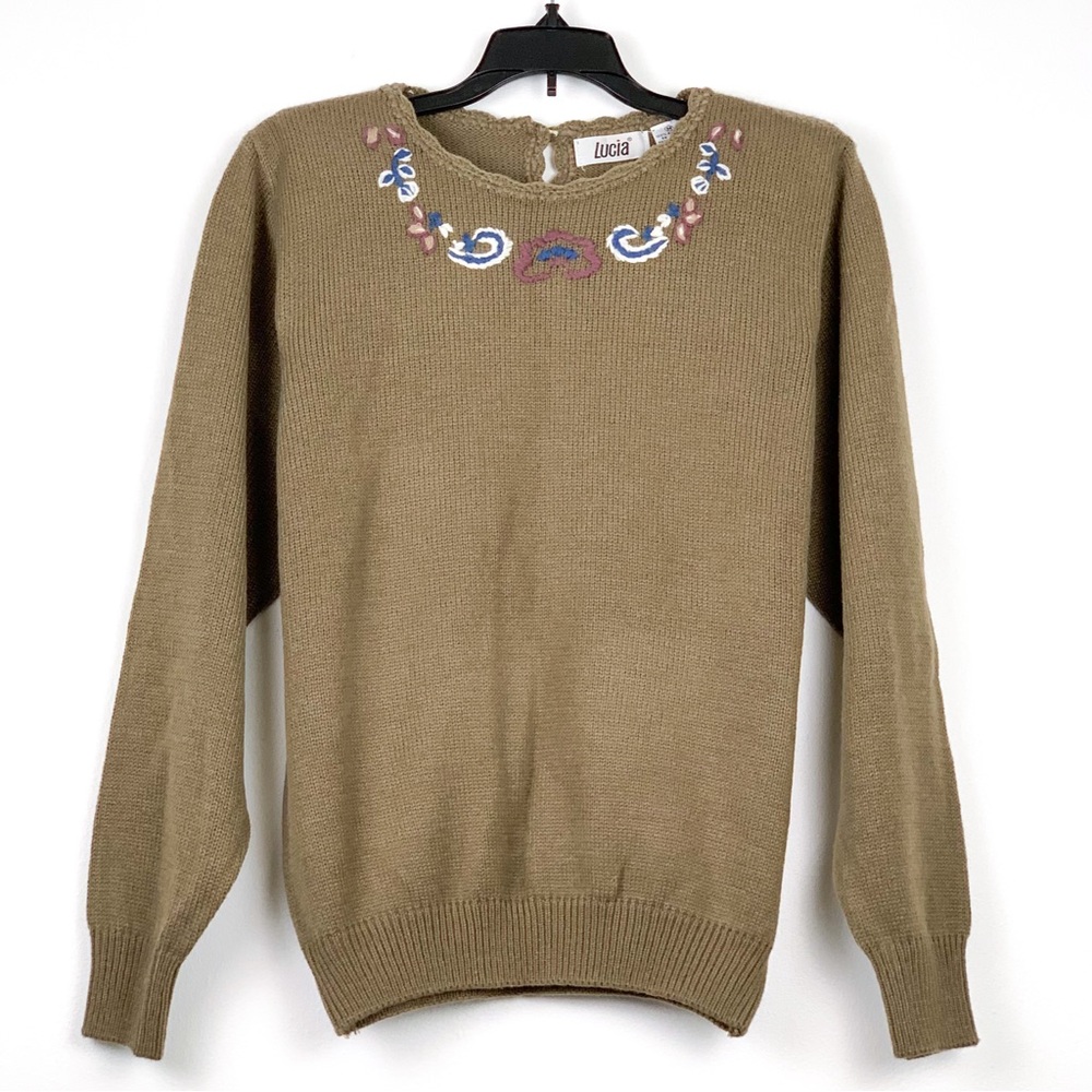Vintage Lucia embroidered floral sweater taupe with blue & purple flowers medium